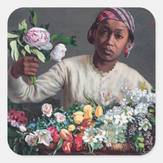 Frederic Bazille - Jonge vrouw met pioenrozen Vierkante Sticker (Voorkant)