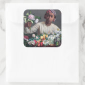Frederic Bazille - Jonge vrouw met pioenrozen Vierkante Sticker (Tas)