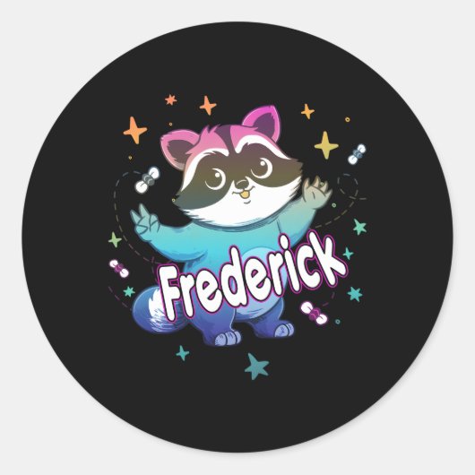 Frederick naam met wasbeer ronde sticker (Voorkant)