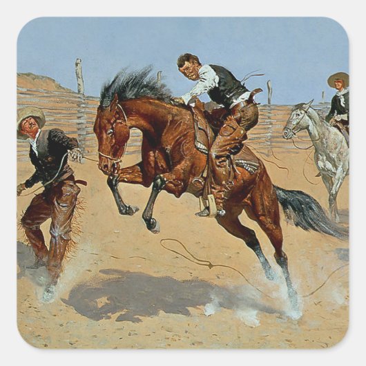 Frederick Remington Westerne kunst "Draai hem los" Vierkante Sticker (Voorkant)