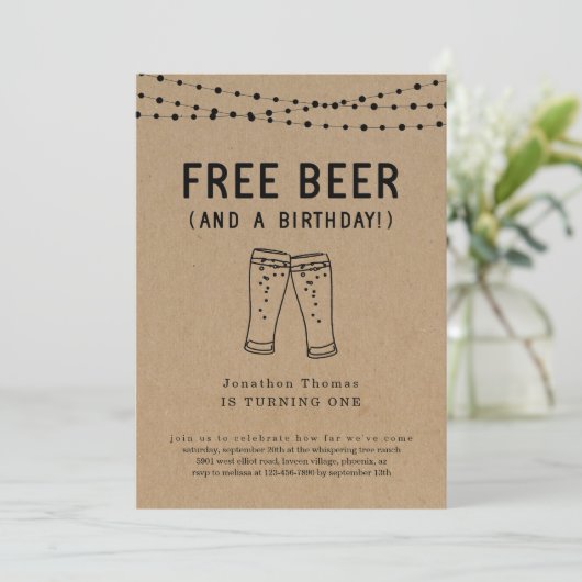 Free Beer Funny Girl Boy First 1st Birthday Party Kaart (Staand voorkant)