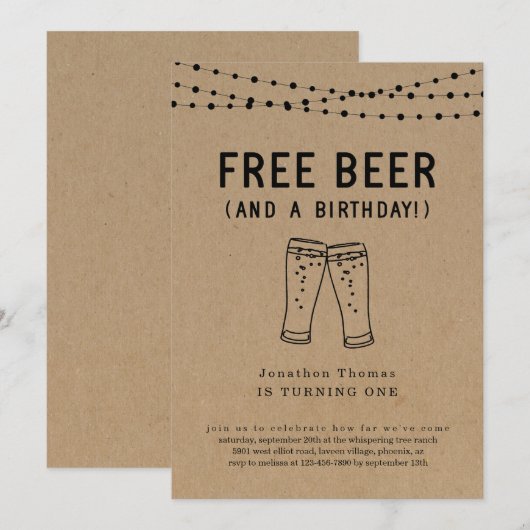 Free Beer Funny Girl Boy First 1st Birthday Party Kaart (Voorkant / Achterkant)