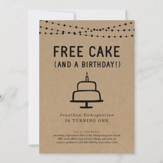 Free Cake Funny 1st Birthday Party Invitation Kaart (Voorkant)