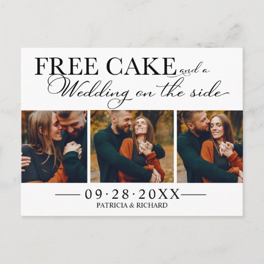 Free Cake Funny Wedding Save the Date 3 Photo Briefkaart (Voorkant)