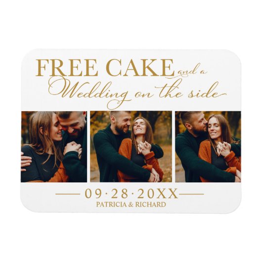 Free Cake Funny Wedding Save the Date 3 Photo Magneet (Horizontaal)