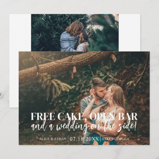 Free Cake Open Bar Funny Wedding Save The Date (Voorkant / Achterkant)
