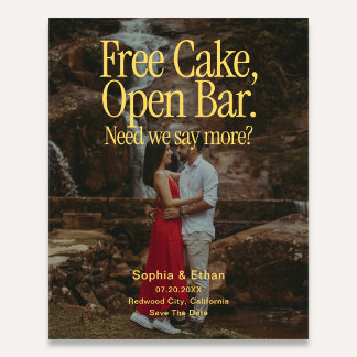 Free Cake Open Bar Retro Photo Save The Date Flyer