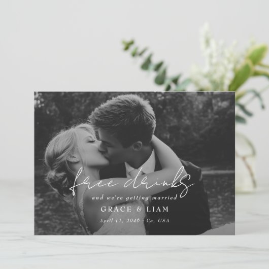 Free Drinks Elegant Modern Romantic Photo Wedding Save The Date (Staand voorkant)