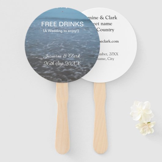 Free drinks save the date beach wedding add name  handwaaier (Voorkant en achterkant)