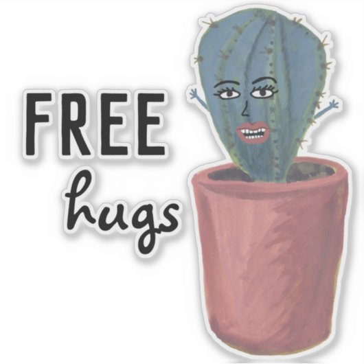 FREE HUGS Crazy Cactus Lady Funny Waterverf Sticker (Voorkant)