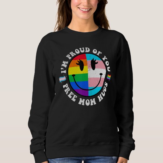 Free Mom Hugs Groovy Hippie Face LGBT Rainbow Tran Trui (Voorkant)