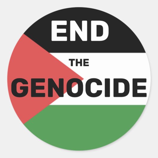 FREE PALESTINE BEËINDIG DE GENOCIDE VLAG ROOD GROE RONDE STICKER (Voorkant)