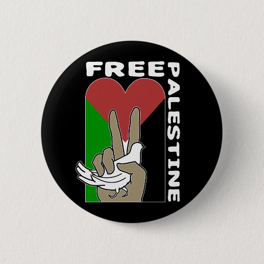 Free Palestine Dove Heart Peace Sign Black Ronde Button 5,7 Cm (Voorkant)