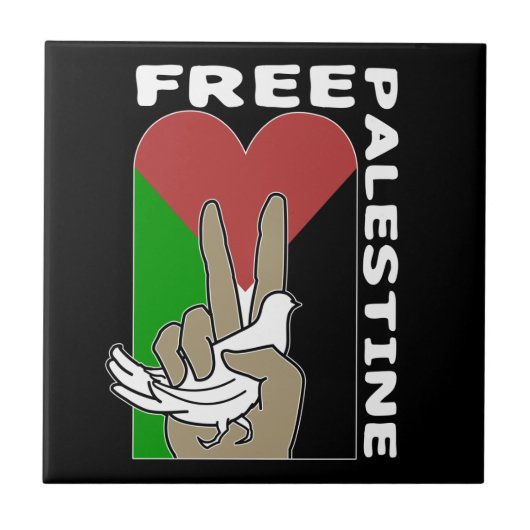 Free Palestine Dove Heart Peace Sign Black Tegeltje (Voorkant)