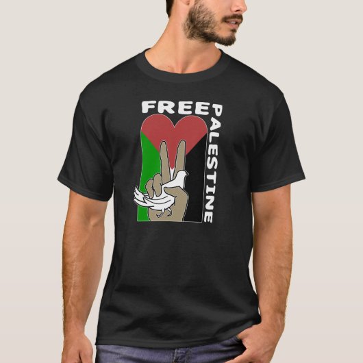 Free Palestine Dove Heart Peace Sign donker shirt (Voorkant)