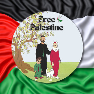 Free Palestine Flag Dove Olive Tree Family Cat Ronde Sticker