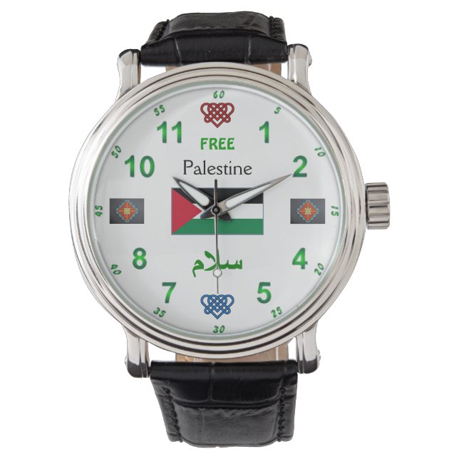 Free Palestine - Horloge: Zwart  leer Horloge (Voorkant)