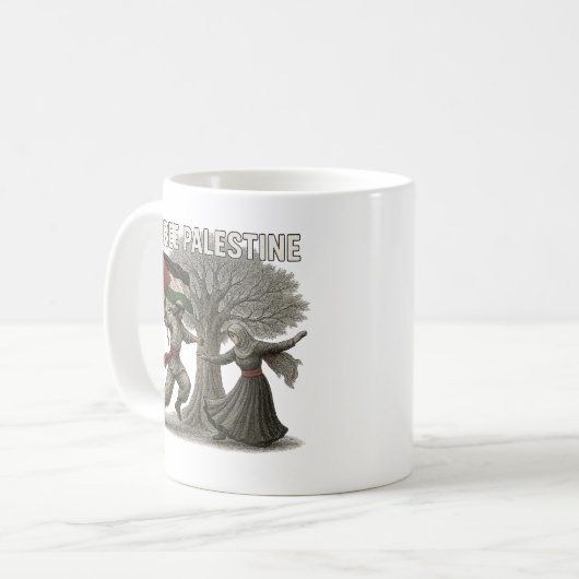 Free Palestine Mug – Roots of Resistance Koffiemok (Voorkant links)