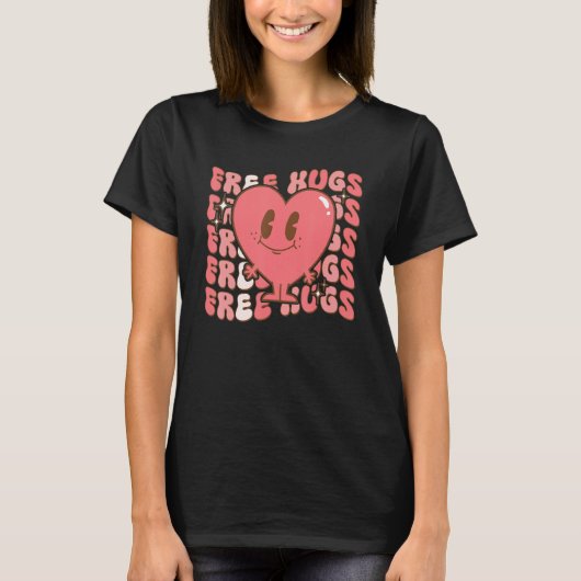 Free Retro Hugs Groovy Valentine's Day Heart Love  T-shirt (Voorkant)