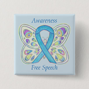 Free Speech Blue Butterfly Awareness Ribbon Pin Vierkante Button 5,1 Cm