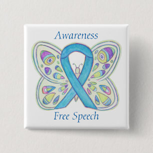 Free Speech Blue Butterfly Awareness Ribbon Pin Vierkante Button 5,1 Cm