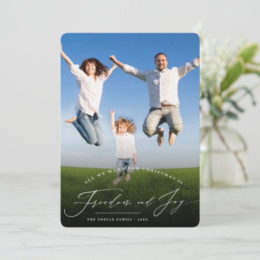 Freedom and Joy Classic Typography Moderne Photo Feestdagenkaart (Staand voorkant)