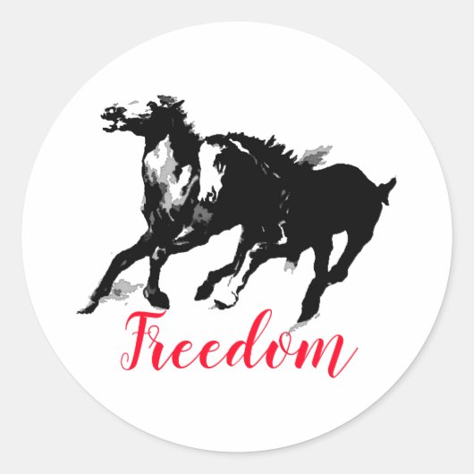 Freedom Black White Pop Art running Horses Ronde Sticker (Voorkant)
