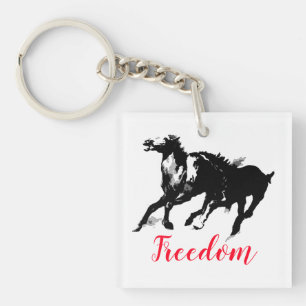 Freedom Black White Pop Art running Horses Sleutelhanger