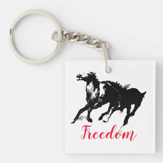 Freedom Black White Pop Art running Horses Sleutelhanger (voorkant)