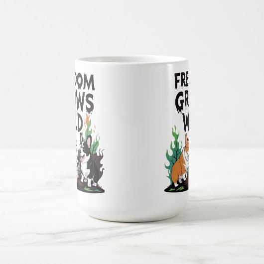 Freedom Grows Wild – Scary Corgi Gardening Cartoon Koffiemok (Center)