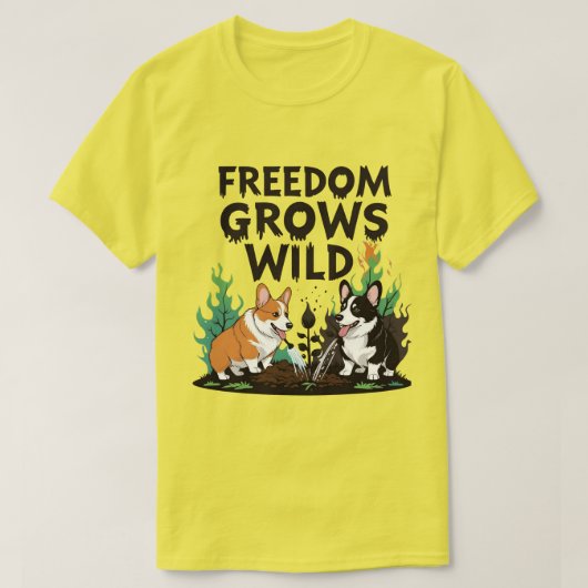 Freedom Grows Wild – Scary Corgi Gardening Cartoon T-shirt (Design voorkant)