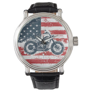 Freedom Ride: Retro Motorfiets en Amerikaanse Vlag Horloge