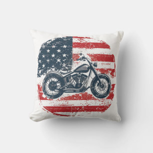 Freedom Ride: Retro Motorfiets en Amerikaanse Vlag Kussen