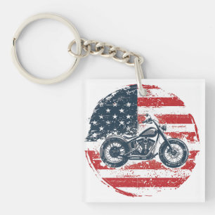 Freedom Ride: Retro Motorfiets en Amerikaanse Vlag Sleutelhanger