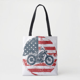 Freedom Ride: Retro Motorfiets en Amerikaanse Vlag Tote Bag
