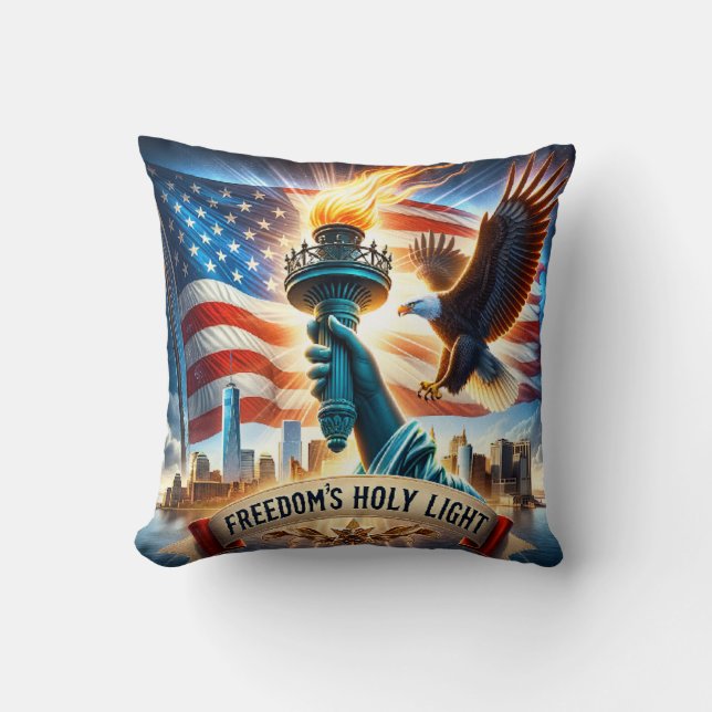 Freedom’s Holy Light Pillow – Geloof, Comfort, Ver Kussen (Voorkant)