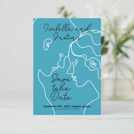 Freehand linear drawing of a couple in love save the date (Staand voorkant)