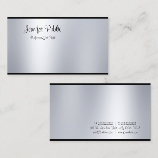 Freehand Script Silver-look Modern Minimale plaat Visitekaartje (Voorkant / Achterkant)