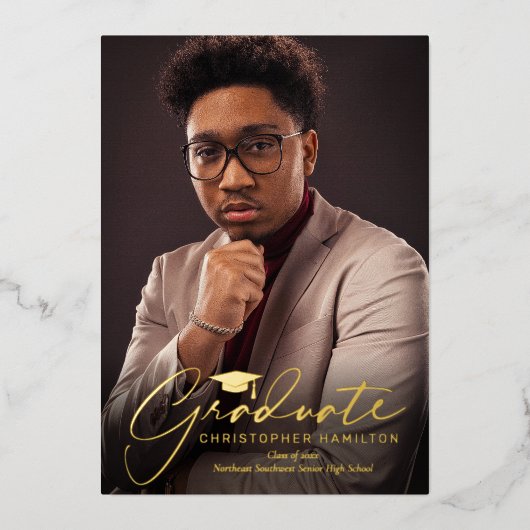 Freehand Script voor/achter foto-Afstuderen Folie Uitnodiging (Voorkant)