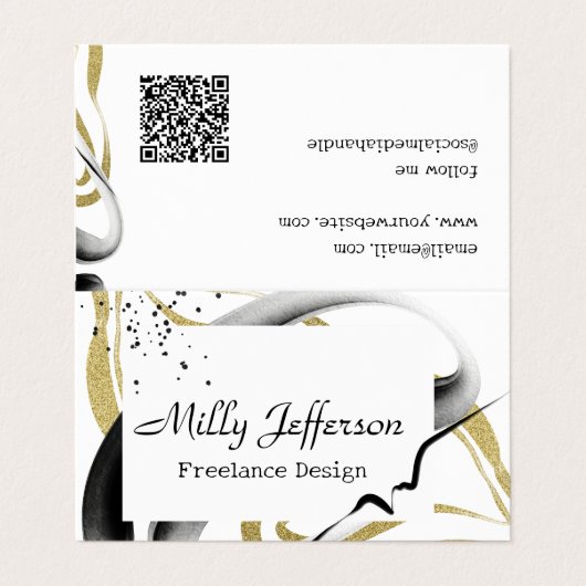 Freelance ontwerp Abstracte QR-code Gold Black Visitekaartje (Buitenkant ongevouwen)
