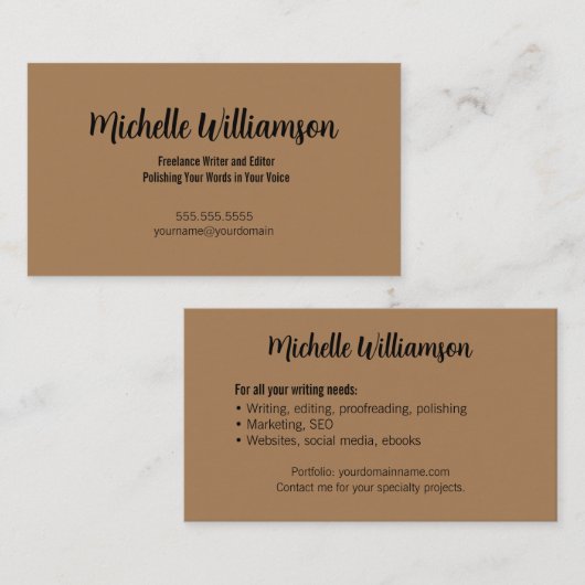 Freelance Schrijver Minimaal Warm Bruin Visitekaartje (Voorkant / Achterkant)