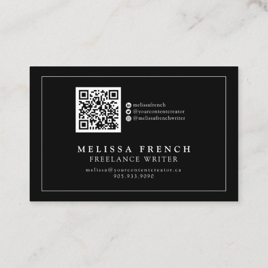FREELANCE WRITER BLACK VOEG QR CODE Visitekaartje (Achterkant)