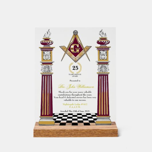 Freemason Years Services Award Acryl Bord (Voorkant)
