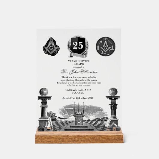 Freemason Years Services Award Acryl Bord (Voorkant)
