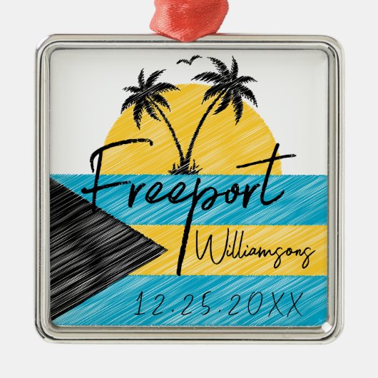 Freeport Bahama's Vlag Palmboom Zonsondergang Souv Metalen Ornament (Voorkant)
