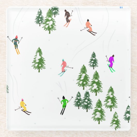 Freeride Alpine Skiers Skiing Illustratie Glazen Onderzetter (Voorkant)