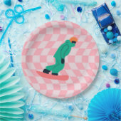 Freeride Snowboarder Green Suit Gecontroleerd Roze Papieren Bordje (Feest)