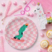 Freeride Snowboarder Green Suit Gecontroleerd Roze Papieren Bordje (Feest)