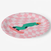 Freeride Snowboarder Green Suit Gecontroleerd Roze Papieren Bordje (Gekanteld)