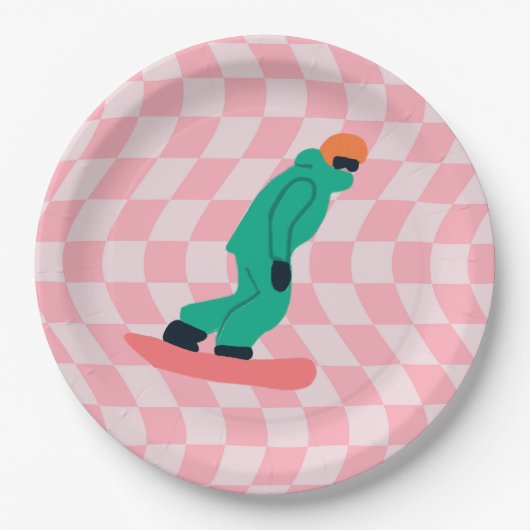 Freeride Snowboarder Green Suit Gecontroleerd Roze Papieren Bordje (Voorkant)